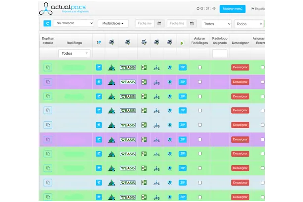 Listado de estudios en ActualPACS Veterinaria con estado y asignación de radiólogo